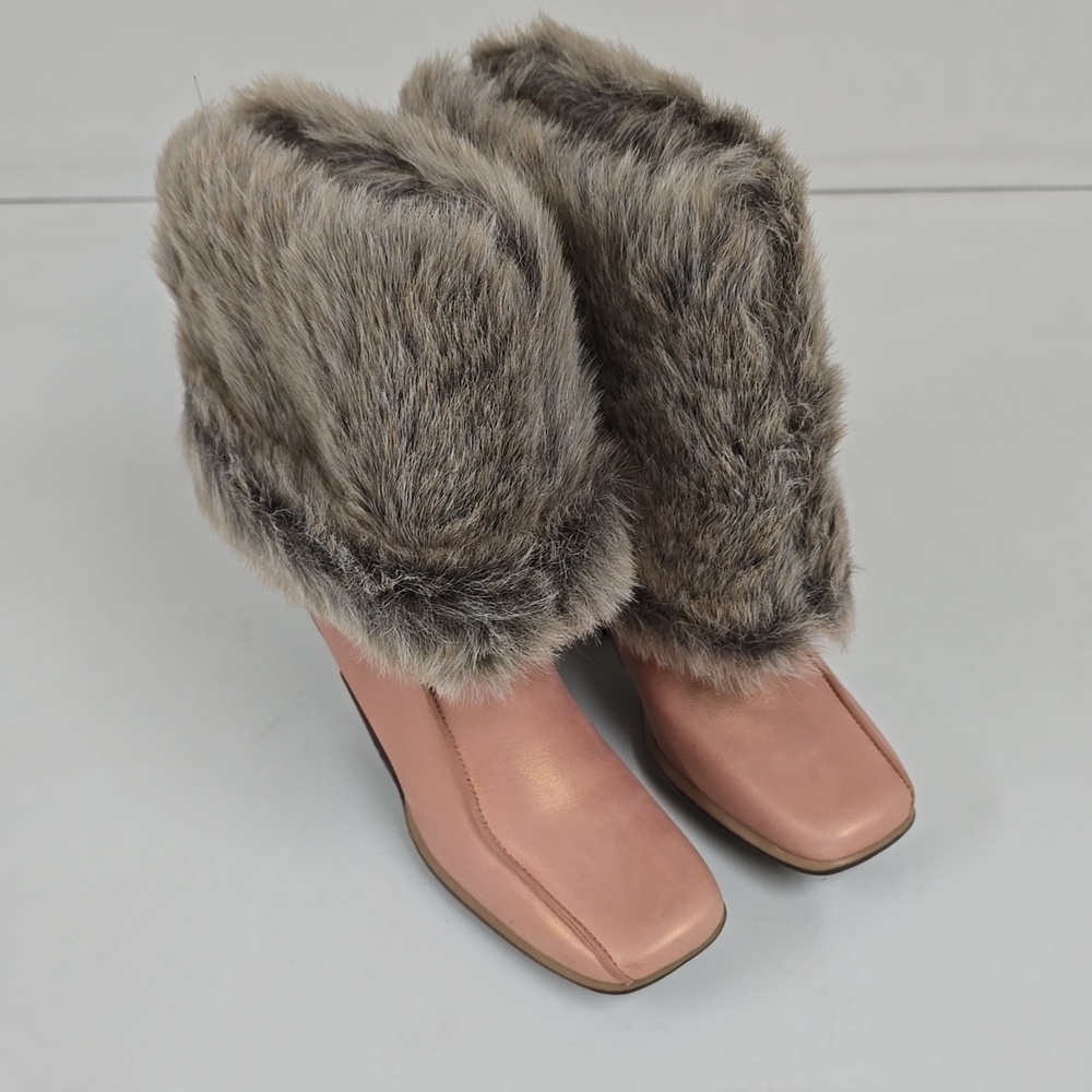 Timberland Iridescent Peach Leather Faux Fur Trim Wedge Winter Snow Boots